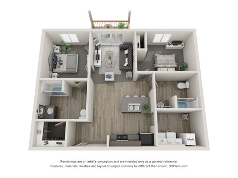 Floor plan for 2 beds, 2 baths, 937 sqft
